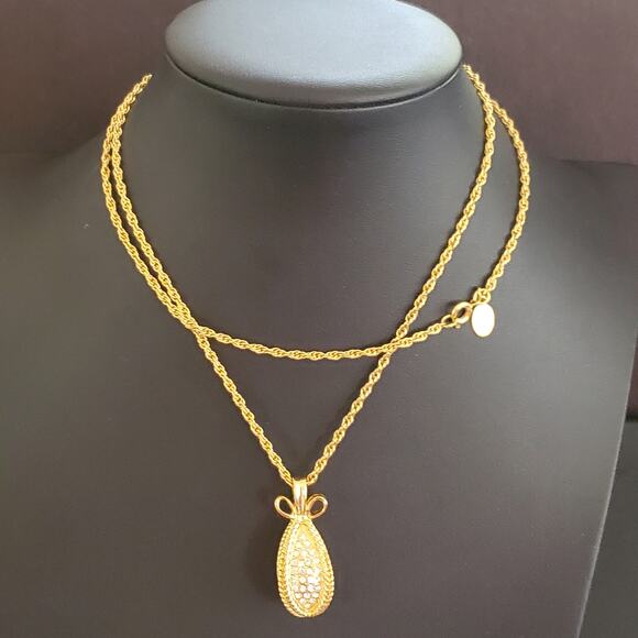 Joan Rivers Pave Crystal Egg Pendant Necklace‎ Gold Plated Vintage Long Chain - Picture 7 of 10